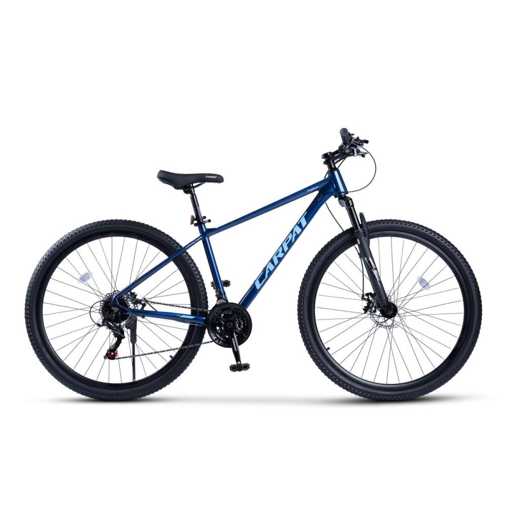 Blaues 29 Zoll MTB Hardtail aus rechter Seitenansicht mit Alu-Rahmen und 29-Zoll-Reifen