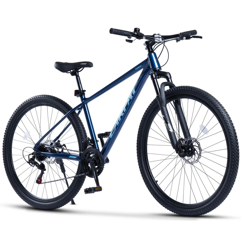 Blaues 29 Zoll Mountainbike Hardtail mit 100mm Federgabel, Scheibenbremsen und 21-Gang Tourney Schaltung in seitlicher Frontansicht