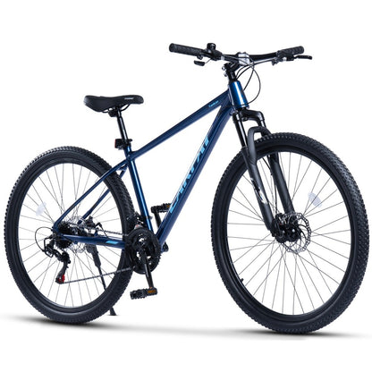 Blaues 29 Zoll Mountainbike Hardtail mit 100mm Federgabel, Scheibenbremsen und 21-Gang Tourney Schaltung in seitlicher Frontansicht