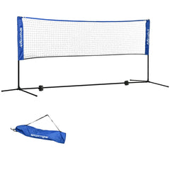 Blaues Badmintonnetz mit 310 cm Breite auf einem schwarzen Metallgestell inklusive einer blauen Tragetasche mit Logo.