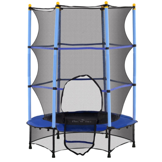 Blaues Kindertrampolin (Ø 140 cm) mit Sicherheitsnetz und gelben Pfostenkappen auf weißem Hintergrund.