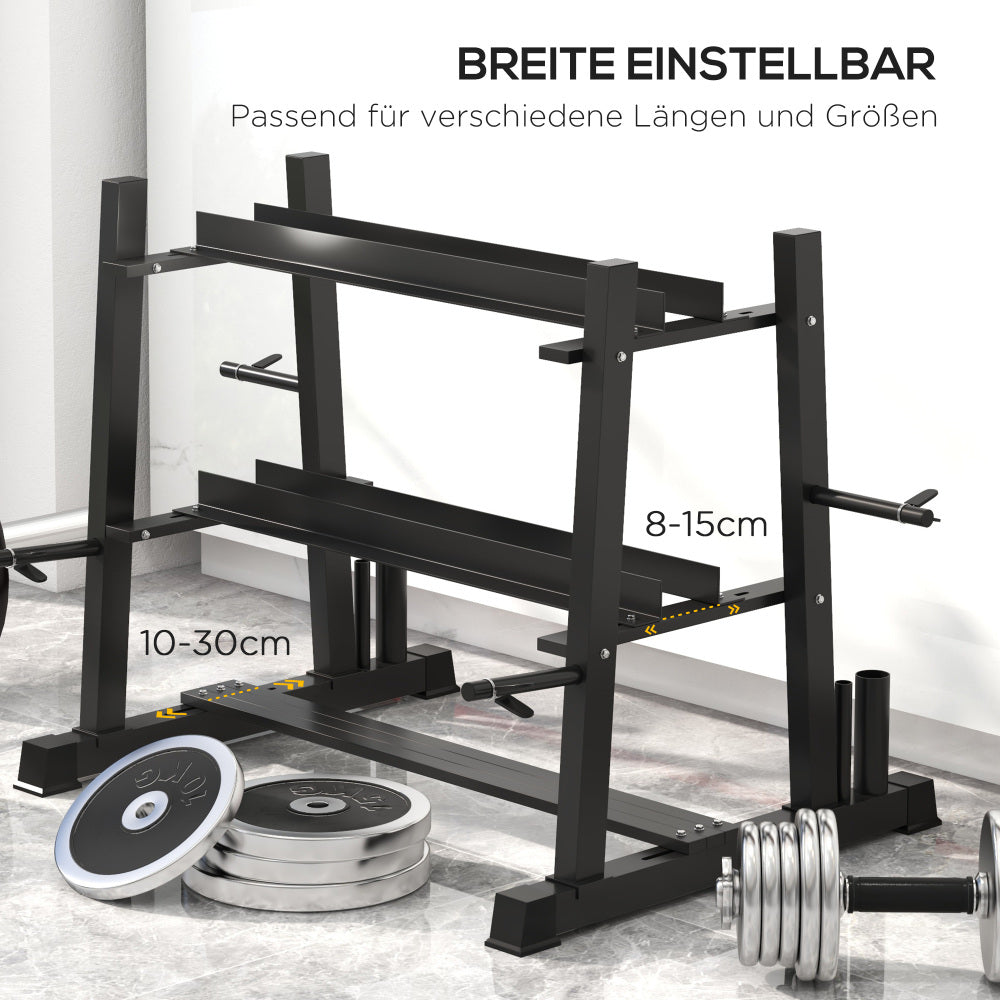 Breitenverstellbares Design: Das Rack lässt sich flexibel an verschiedene Hantellängen und Raumgrößen anpassen.
