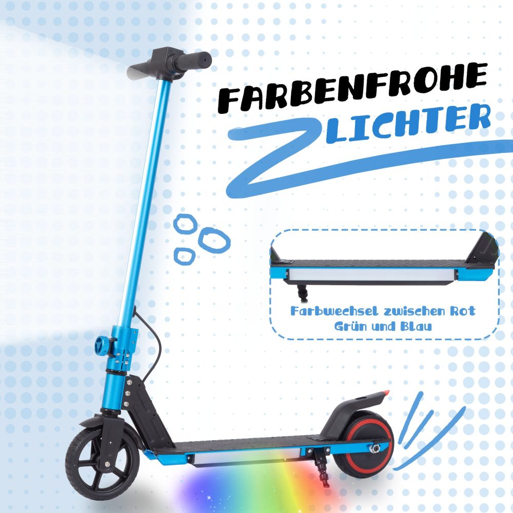 Bunte LED-Leuchtstreifen (Regenbogenfarben) an der Seite des blauen Trittbretts.