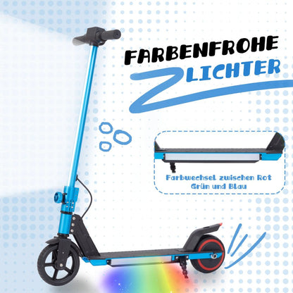 Bunte LED-Leuchtstreifen (Regenbogenfarben) an der Seite des blauen Trittbretts.