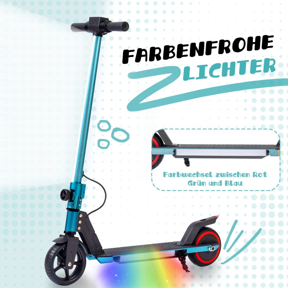 Bunte LED-Leuchtstreifen (Regenbogenfarben) an der Seite des grünen Trittbretts.