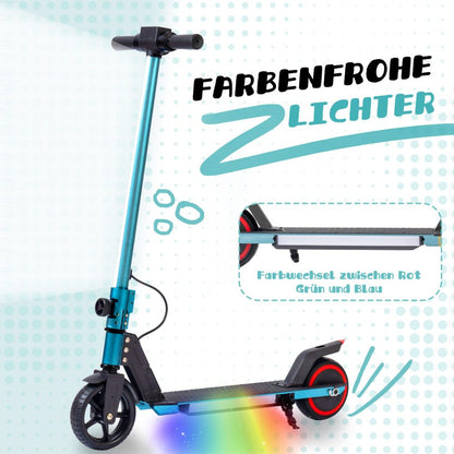 Bunte LED-Leuchtstreifen (Regenbogenfarben) an der Seite des grünen Trittbretts.