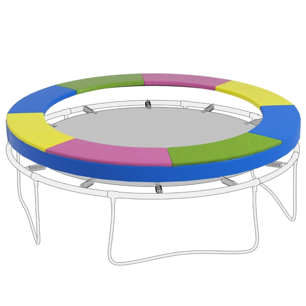 Bunte Trampolin-Randabdeckung (Ø 305 cm) in den Farben Blau, Gelb, Pink und Grün auf weißem Hintergrund.