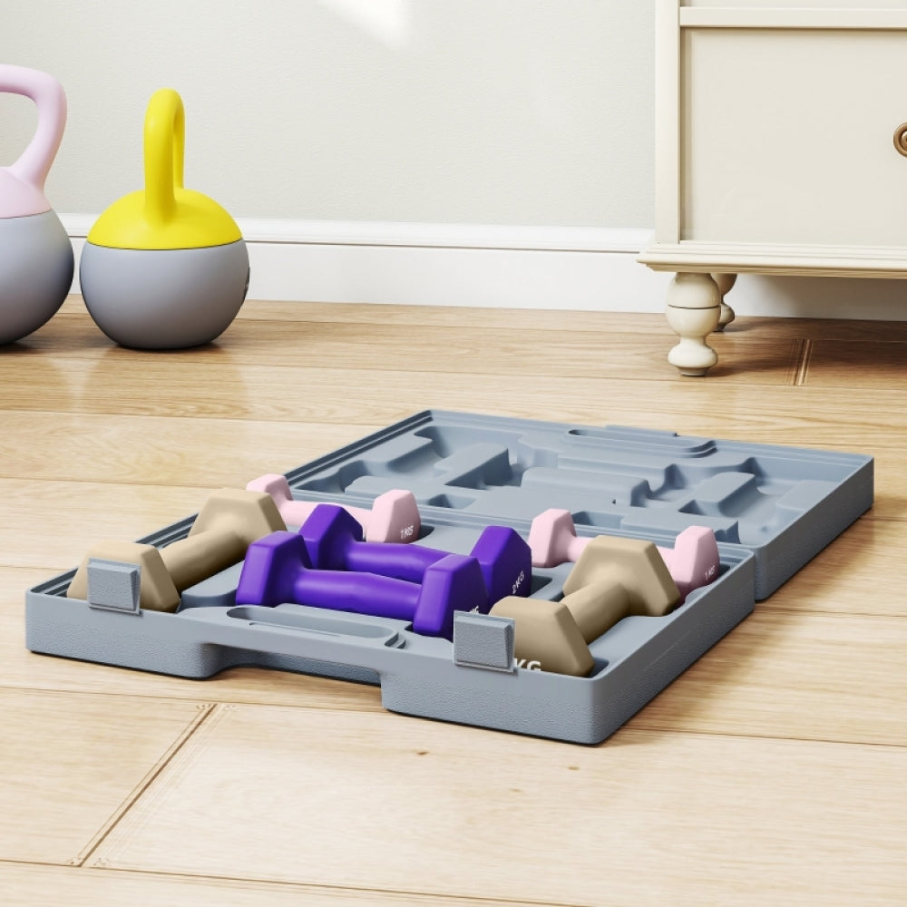 Buntes Design: Hanteln in Beige, Lila und Rosa mit blauem Koffer