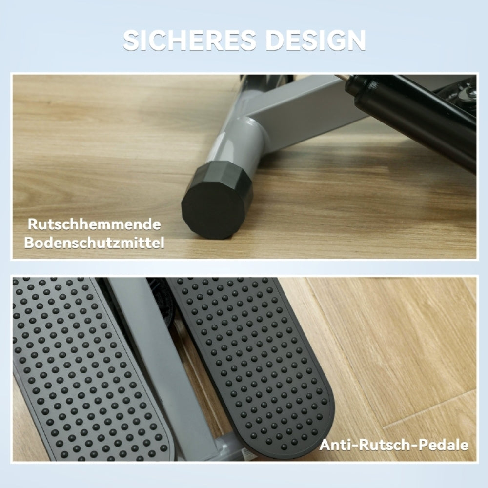 Collage: Rutschfeste Gummifüße am Boden und texturierte Anti-Rutsch-Pedale im Detail.