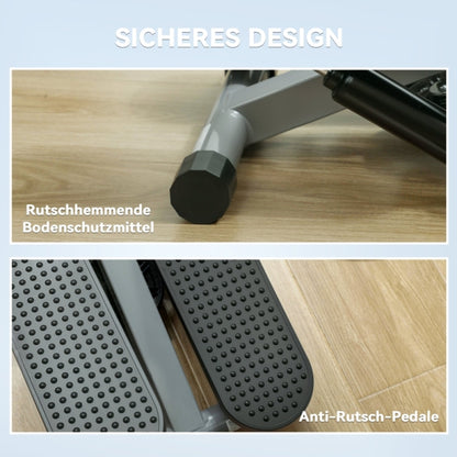 Collage: Rutschfeste Gummifüße am Boden und texturierte Anti-Rutsch-Pedale im Detail.