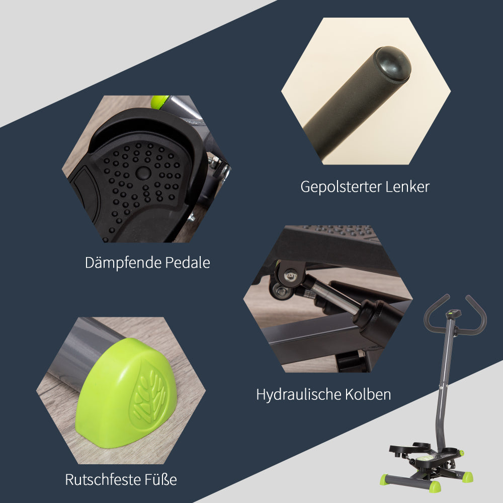 Collage der Details: Rutschfeste Pedale, gepolsterte Griffe und Hydraulikzylinder.