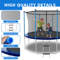 Collage der Komponenten: Robuste Stahlfedern, blaue Schaumstoff-Randabdeckung und stabile Einstiegsleiter.