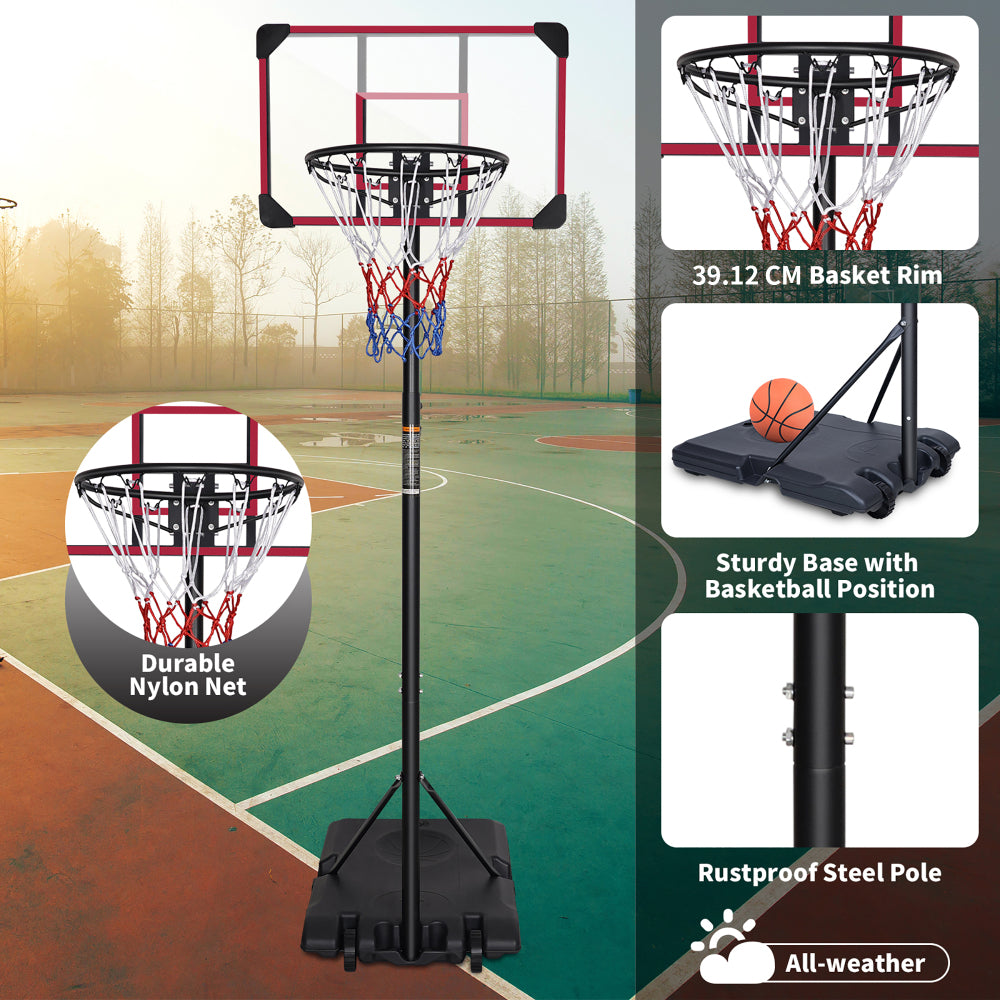 Collage eines Basketballkorbs auf einem Sportplatz, zeigt das rot umrandete Backboard und die stabile Basis.