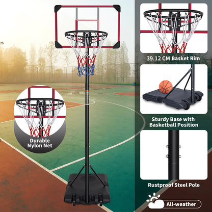Collage eines Basketballkorbs auf einem Sportplatz, zeigt das rot umrandete Backboard und die stabile Basis.