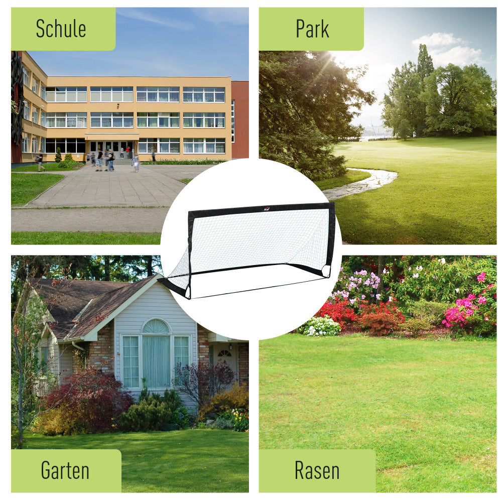 Collage mit verschiedenen Standorten: Schule, Park, Garten und Rasenplatz.