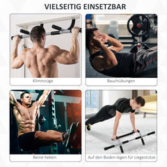 Collage von Übungen: Klimmzüge, Bauchmuskeltraining (Beinheben), Liegestütze und Sit-ups.