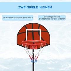 Darstellung der Vorderseite mit Basketballkorb und der Rückseite mit magnetischer Dartscheibe.