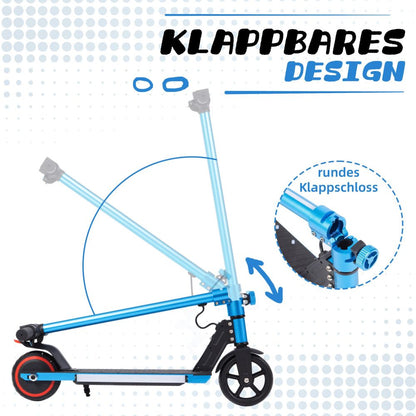 Darstellung des Klappmechanismus, bei dem die blaue Lenkerstange heruntergeklappt wird.