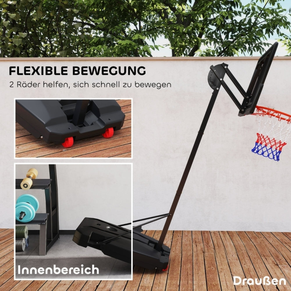 Darstellung des gekippten Basketballständers, der auf den roten Rädern leicht bewegt werden kann.