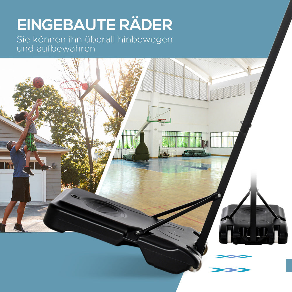 Darstellung, wie der Basketballständer gekippt und auf den integrierten Rollen bewegt wird.