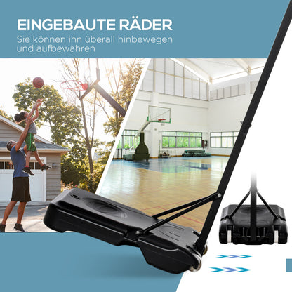 Darstellung, wie der Basketballständer gekippt und auf den integrierten Rollen bewegt wird.