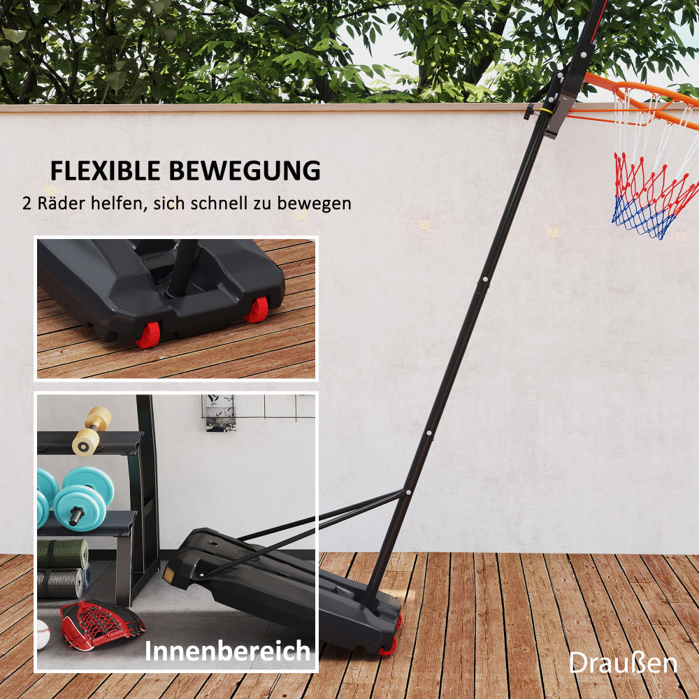 Demonstration der einfachen Bewegung des Basketballkorbs durch Kippen auf die Transportrollen.