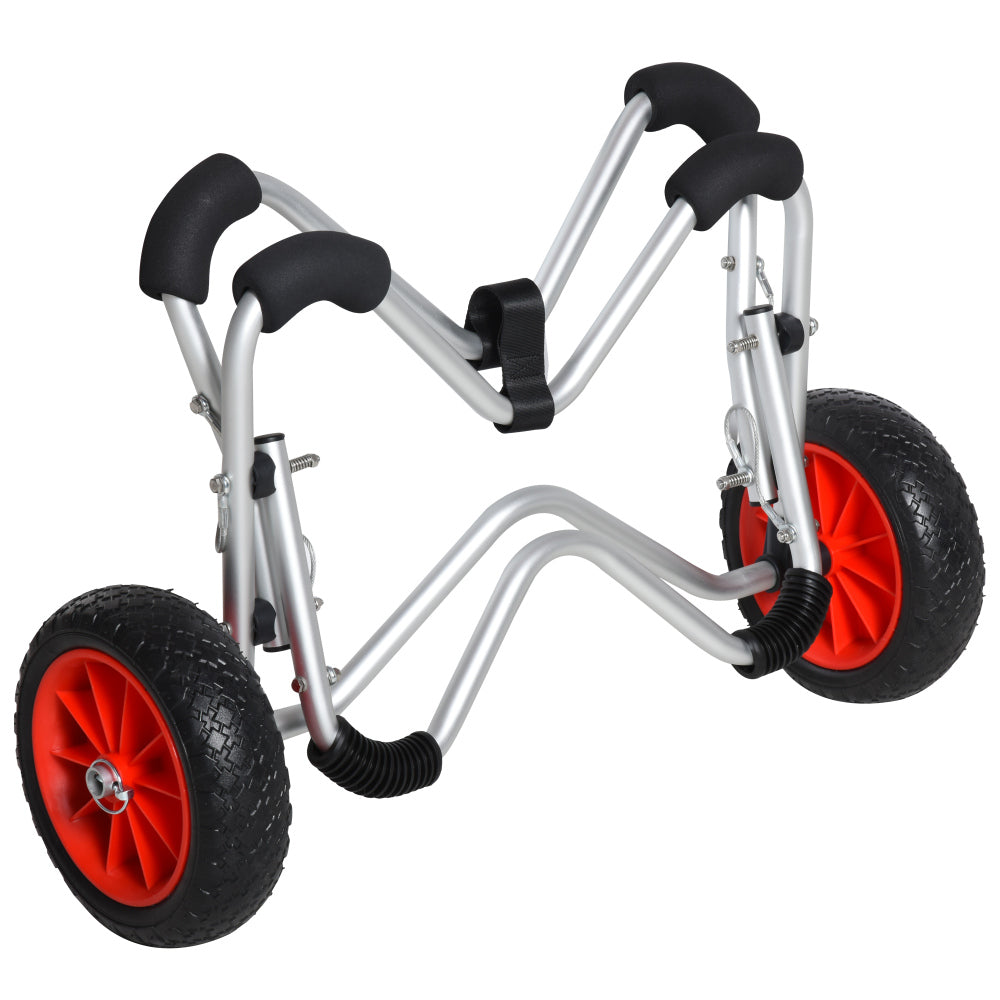 Der Kajakwagen in Schrägansicht, bereit für die Beladung mit einem Paddelboard oder Boot.