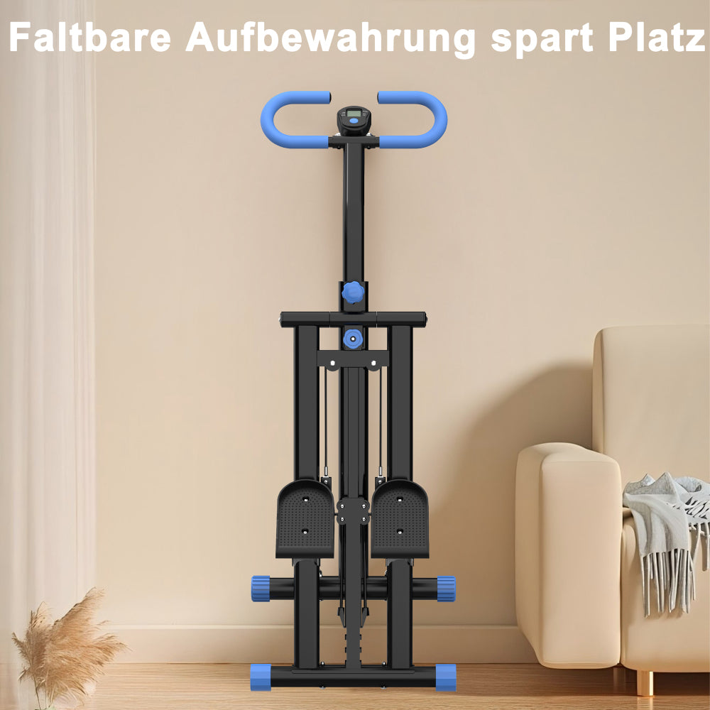 Der schwarze Stepper zusammengeklappt in einer Zimmerecke (platzsparend).