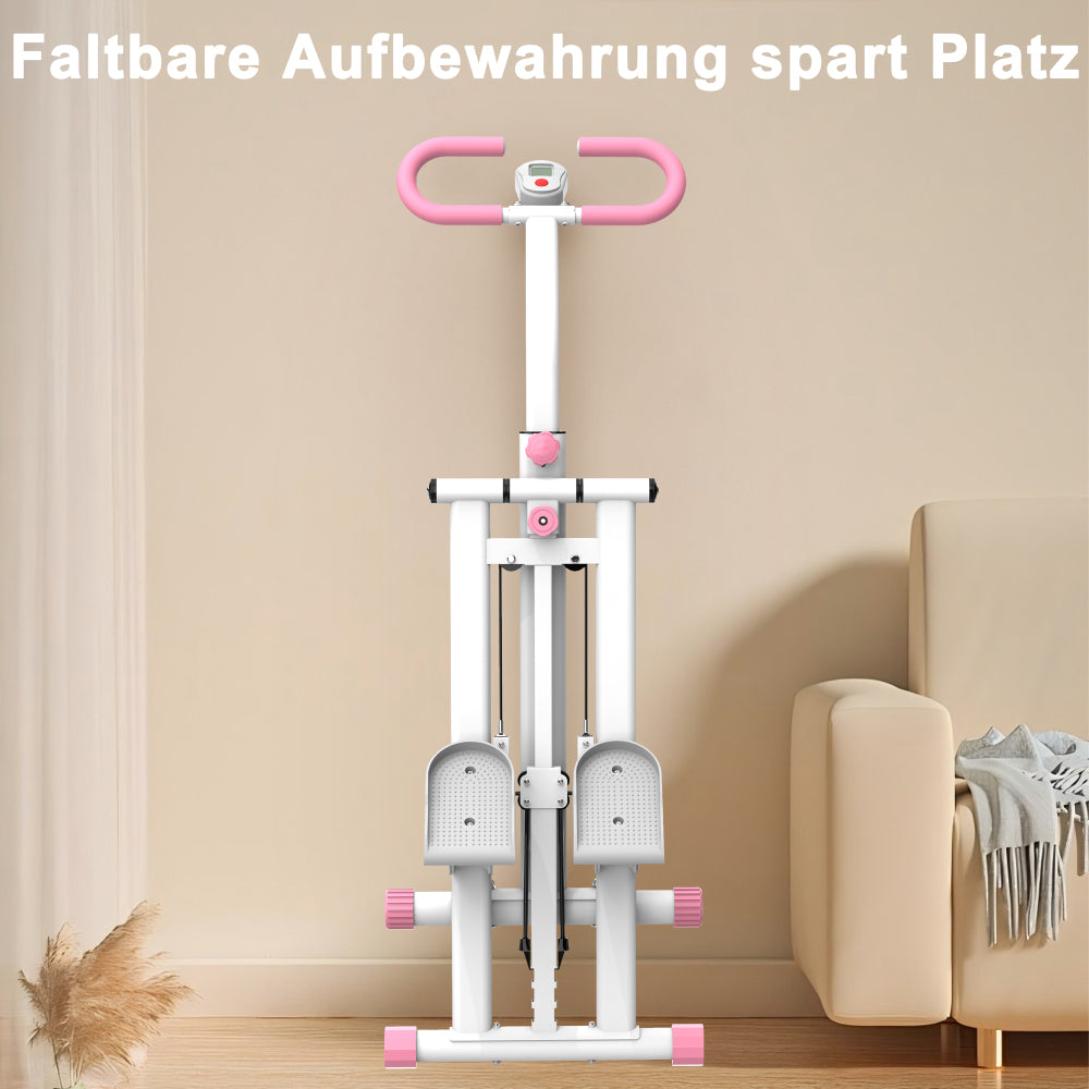 Der weiße Stepper zusammengeklappt an der Wand stehend.