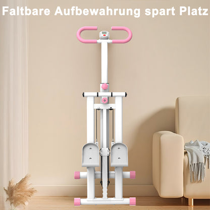 Der weiße Stepper zusammengeklappt an der Wand stehend.