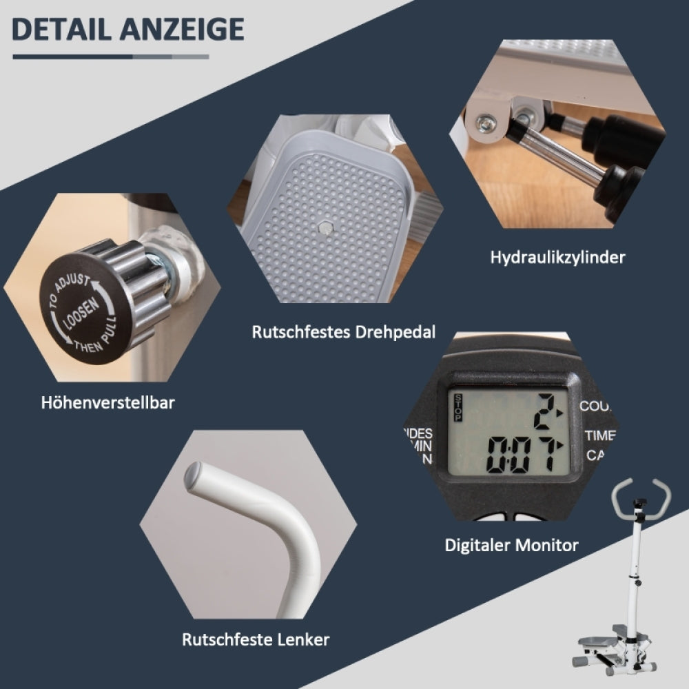 Detailübersicht: Widerstandsknopf, rutschfeste Pedale, Hydraulikzylinder und digitaler Monitor