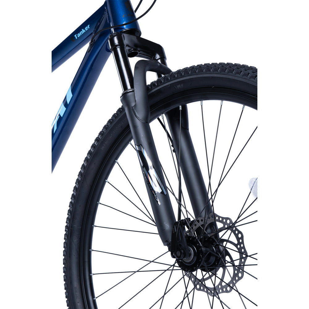 Detail der 100mm Federgabel und der mechanischen Scheibenbremse am blauen 29 Zoll MTB