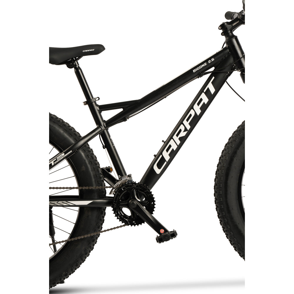 Detailansicht der Antriebsseite mit Shimano 2x8 Schaltung und schwarzem Rahmen.