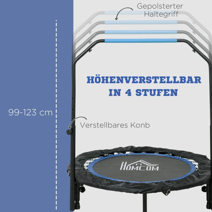Detailansicht der Höhenverstellung des Griffs in 4 Stufen (99-125 cm) auf blauem Hintergrund.