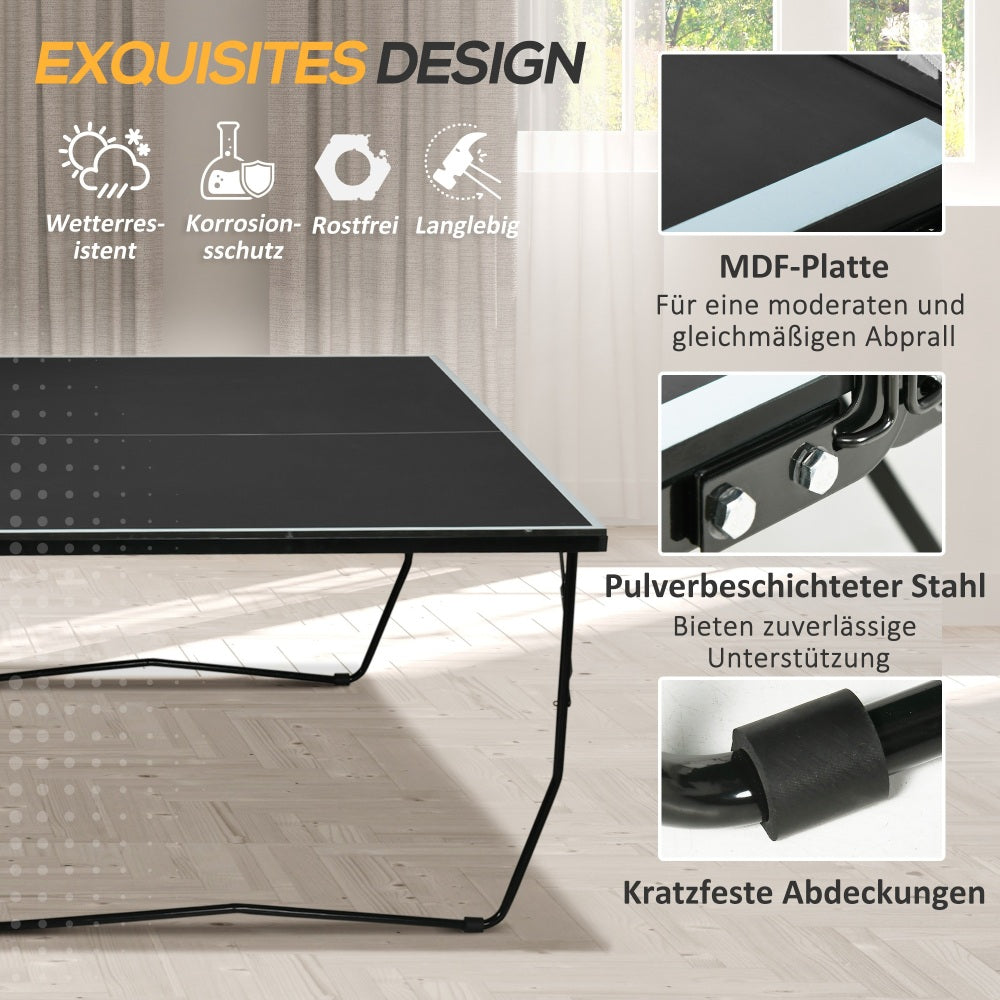 Detailansicht der Konstruktionsmerkmale: Zeigt die elastische MDF-Oberfläche, robuste Stahlecken als Kantenschutz und verstellbare Standfüße.
