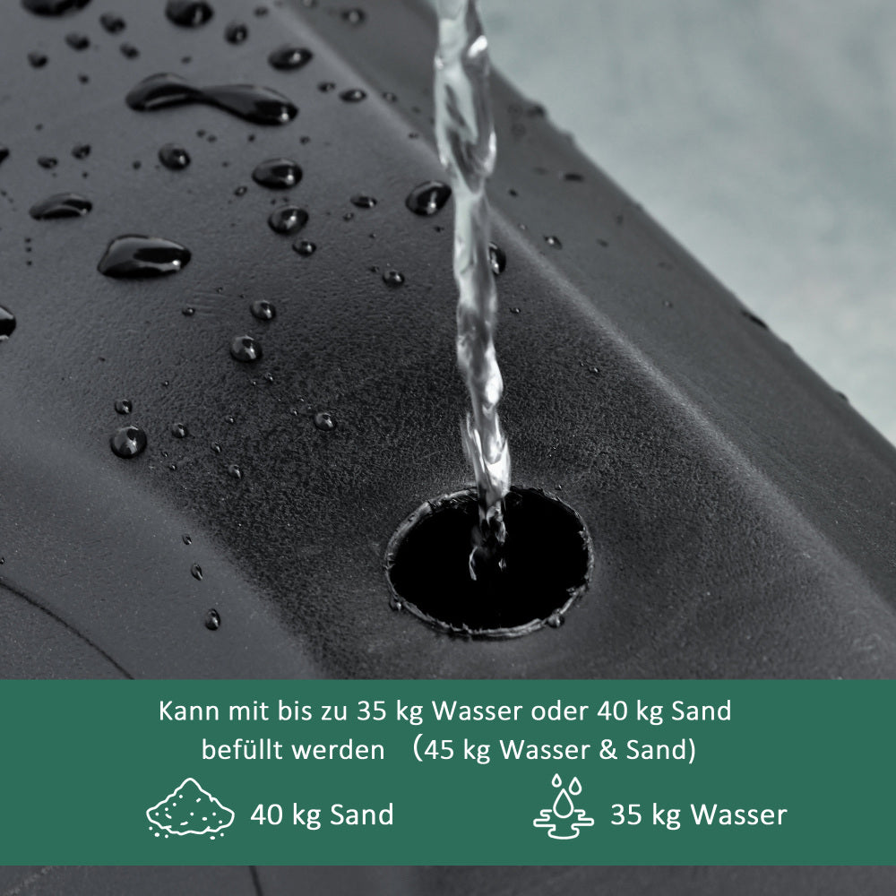 Detailansicht der schwarzen Basis mit Wassereinlass und praktischer Ballhalter-Mulde.