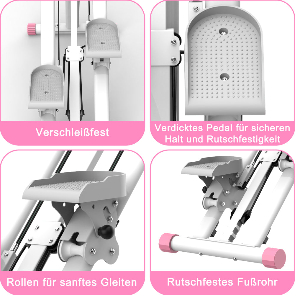 Detailansicht der weißen Laufrollen und pinken rutschfesten Pedale.