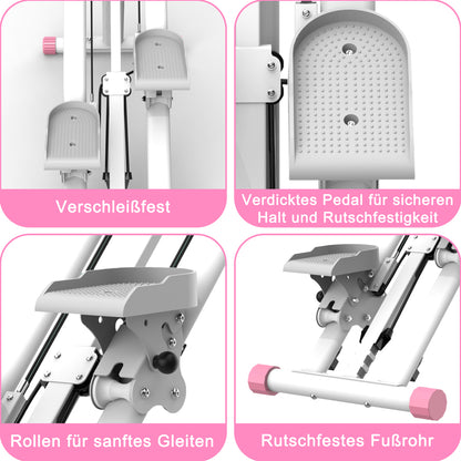 Detailansicht der weißen Laufrollen und pinken rutschfesten Pedale.