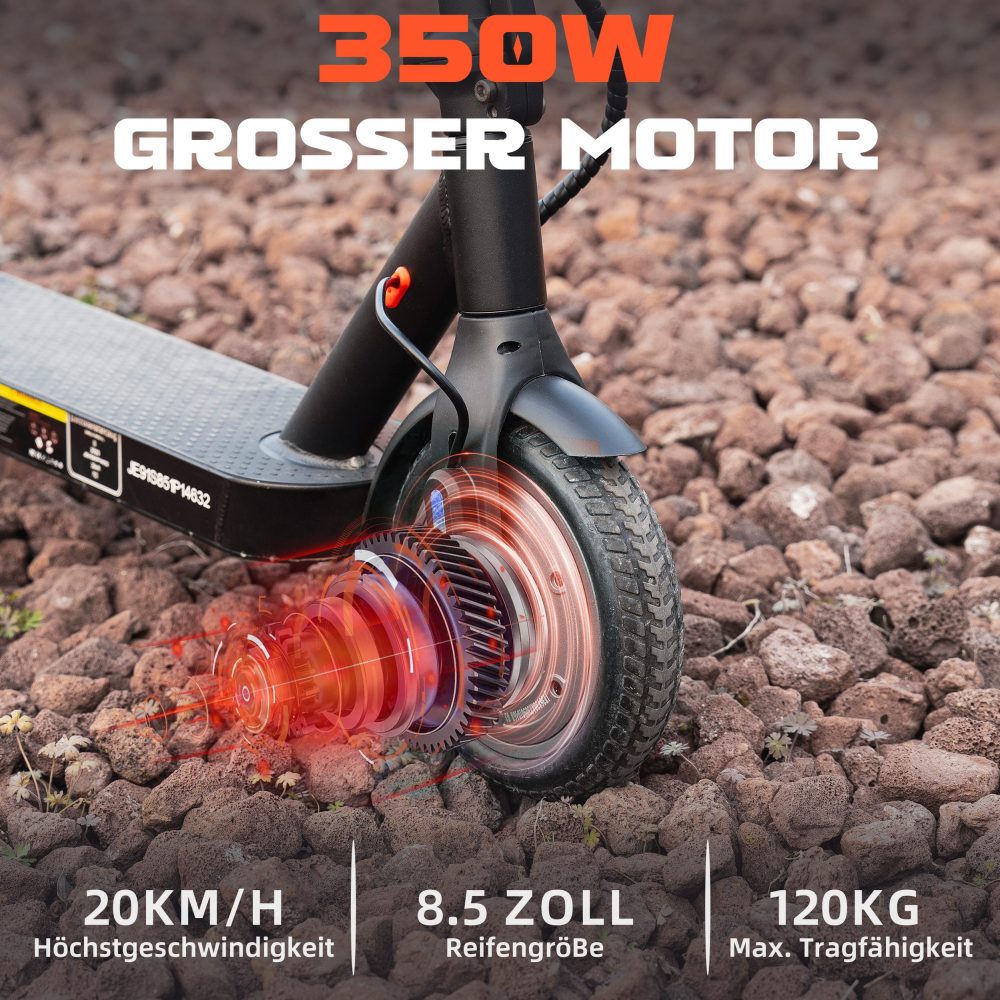 Detailansicht des 350W Hinterradmotors und Reifenprofil auf steinigem Untergrund.