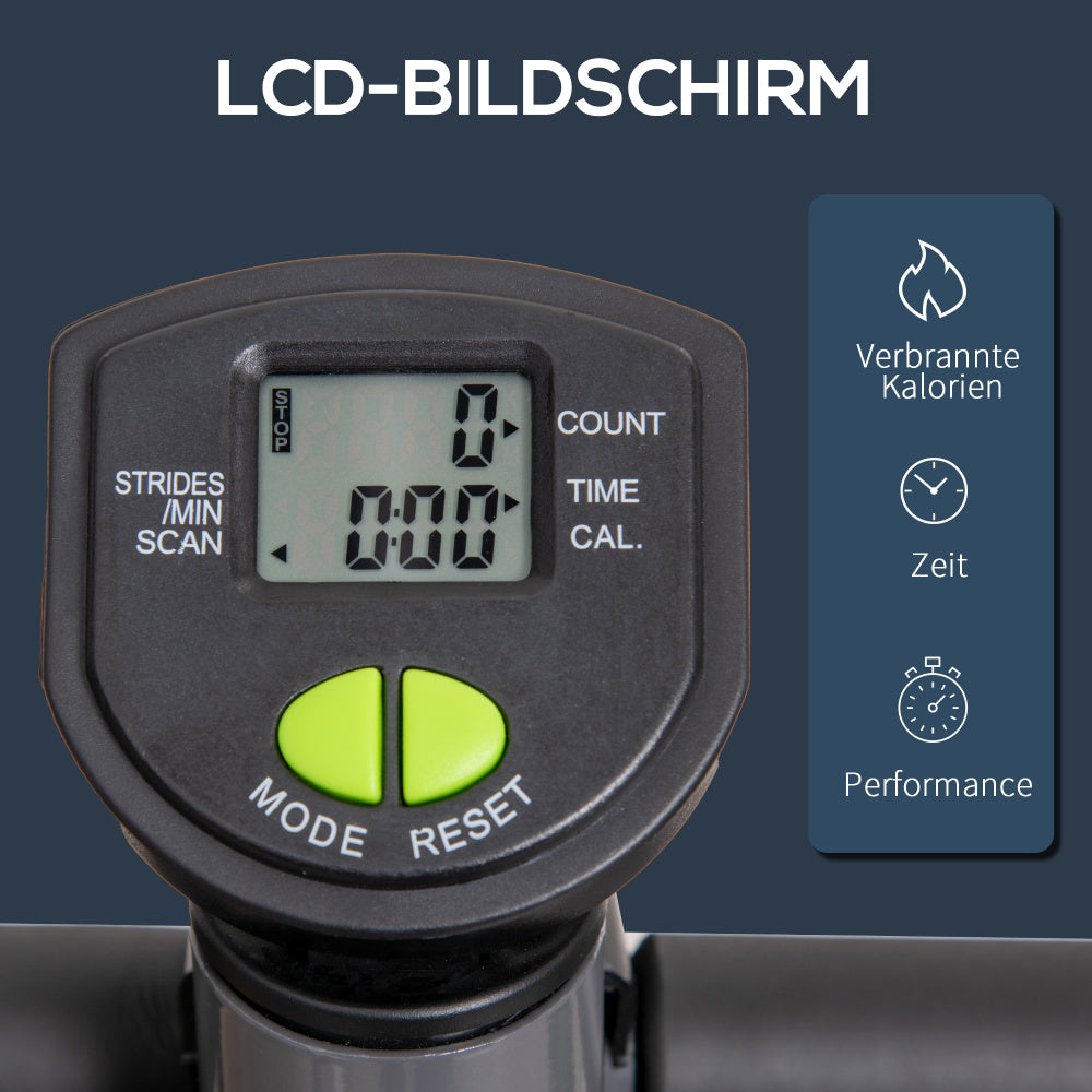 Detailansicht des LCD-Displays am Lenker zur Anzeige von Schritten und Kalorien.