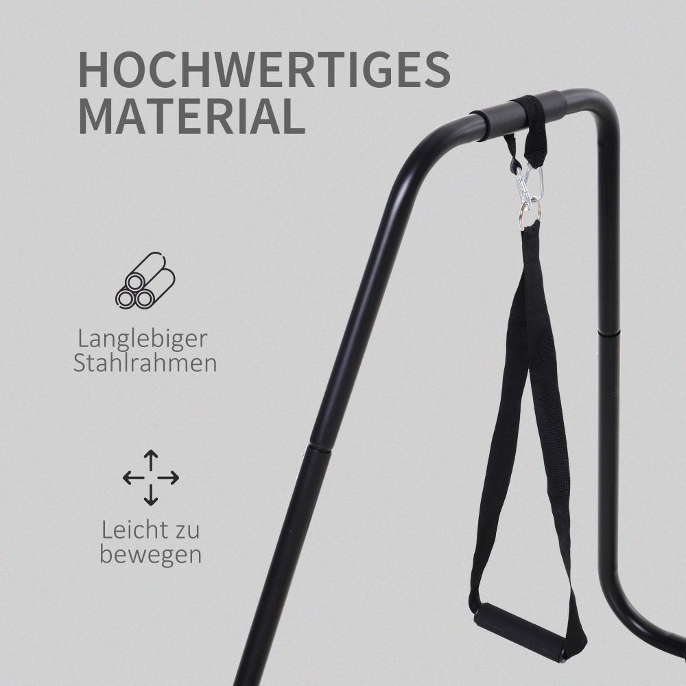 Detailansicht des hochwertigen Stahlrahmens mit Hinweis auf Langlebigkeit und einfache Beweglichkeit.