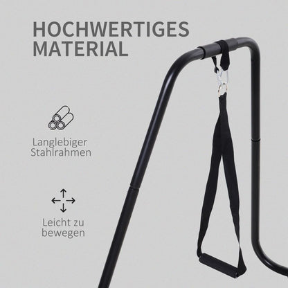 Detailansicht des hochwertigen Stahlrahmens mit Hinweis auf Langlebigkeit und einfache Beweglichkeit.