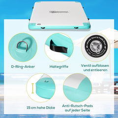 Detailansichten der D-Ring Anker, stabilen Haltegriffe, des Ventils und der 15 cm dicken Drop-Stitch-Struktur.