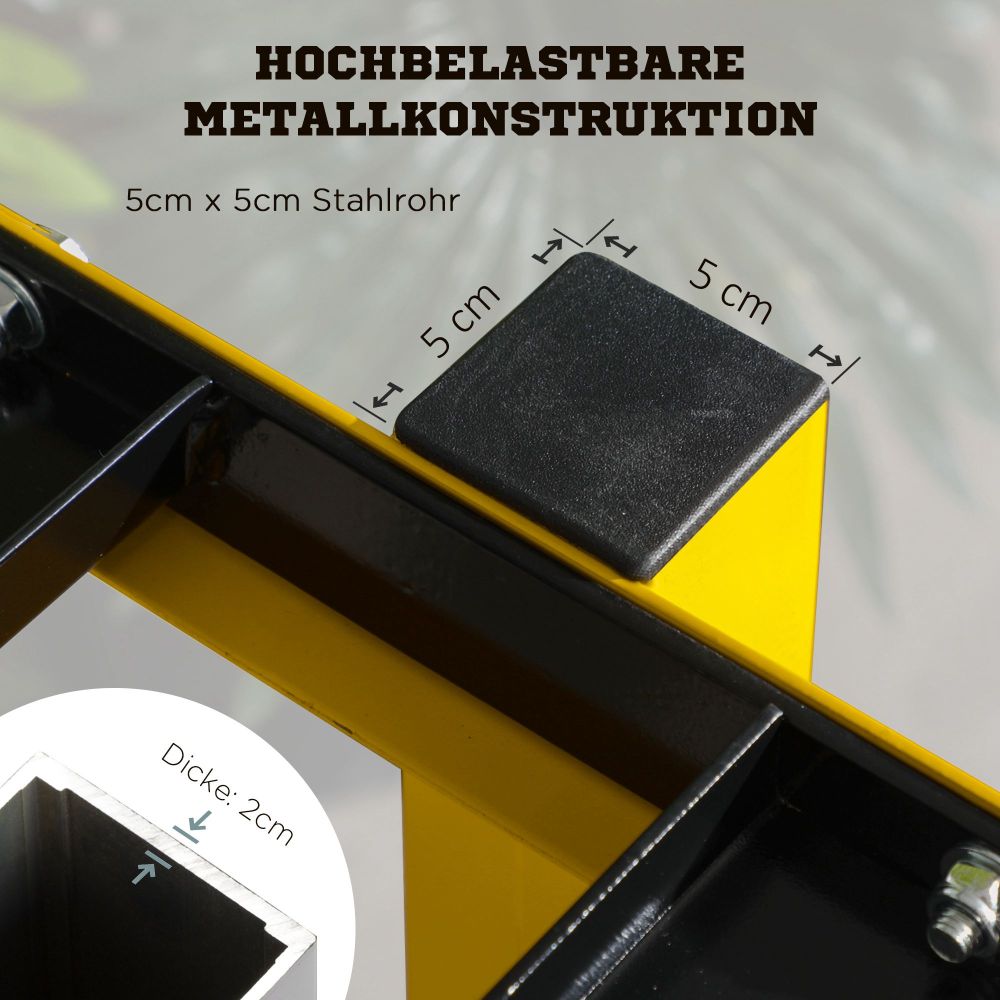 Detailaufnahme: Hochbelastbarer Metallfuß mit dickem, bodenschonendem Gummipuffer für festen Stand.