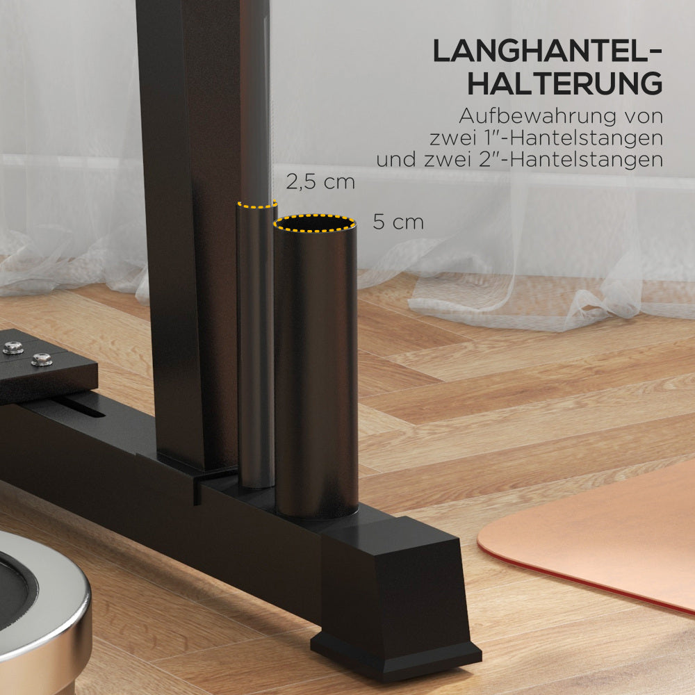 Detailaufnahme: Senkrechte Rohre als Halterung für Langhantelstangen (Barbell Holder).