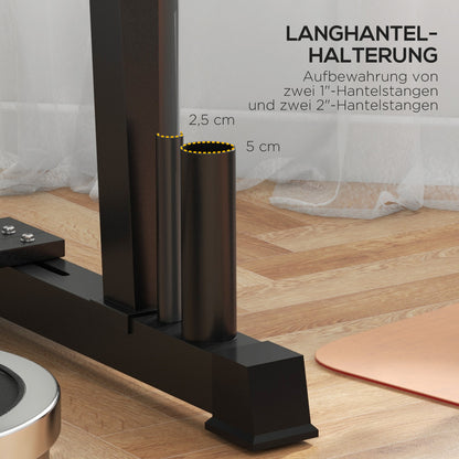Detailaufnahme: Senkrechte Rohre als Halterung für Langhantelstangen (Barbell Holder).