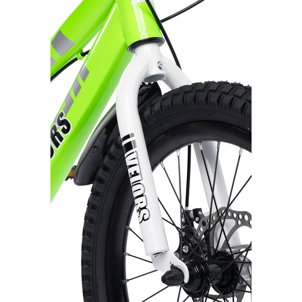 Detailaufnahme der mechanischen Scheibenbremse am Vorderrad des Kinderrads