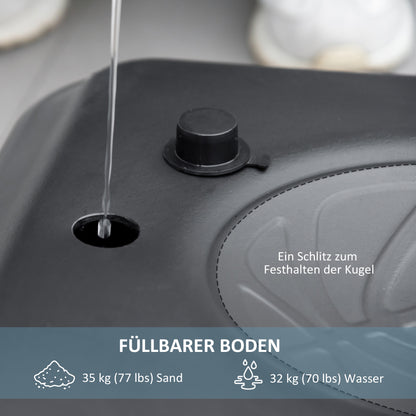Detailaufnahme der schwarzen Basis mit Einfüllöffnung für Wasser/Sand und Verschlusskappe.