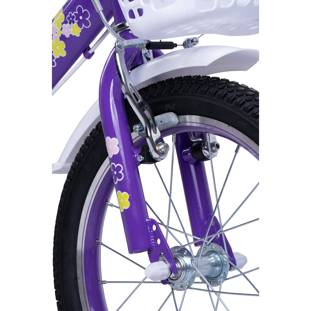 Detailaufnahme der schwarzen Gabel und des Schutzblechs am lila 16 Zoll Kinderbike.