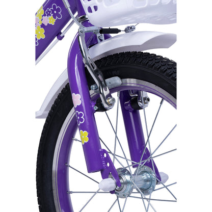 Detailaufnahme der schwarzen Gabel und des Schutzblechs am lila 16 Zoll Kinderbike.
